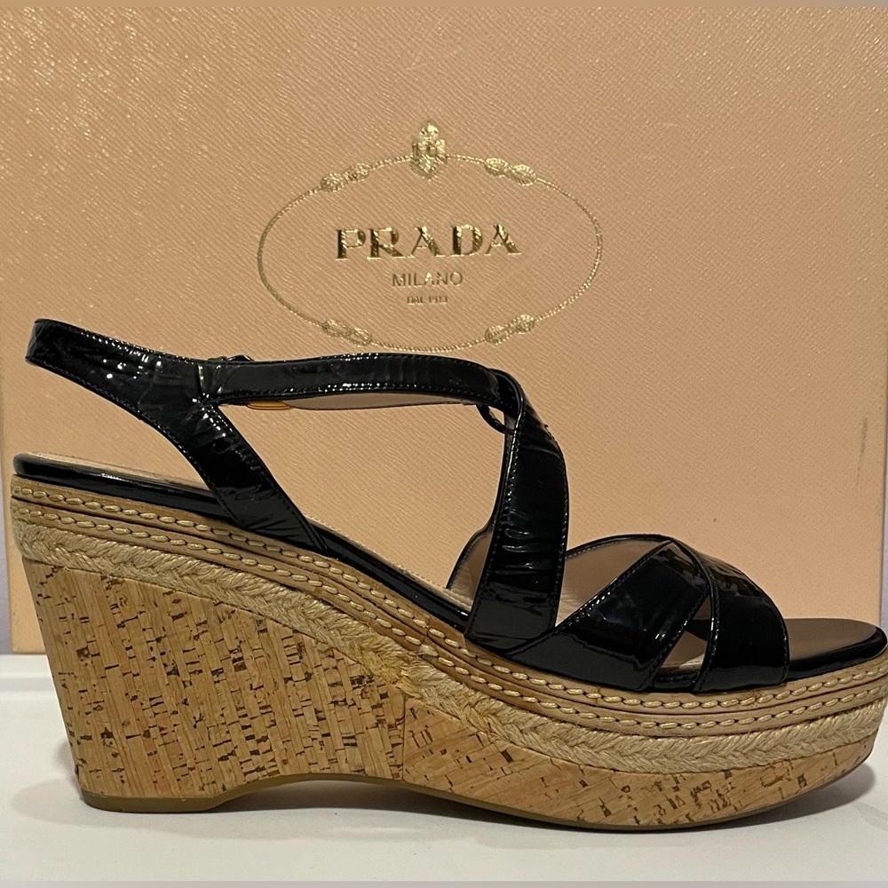 Prada Black Patent Leather Cork Platform Wedge Sandals, US Size 10